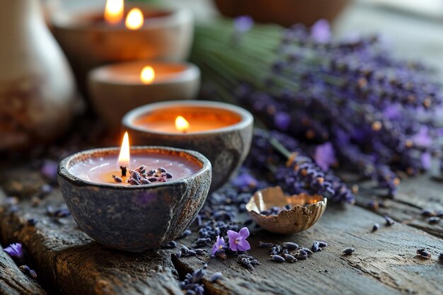 Spa products soaps salts and lit candle with lavender flowers