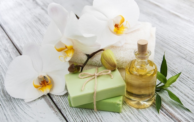 Spa products and white orchids