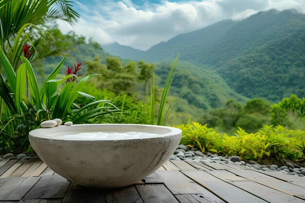 写真 山岳地形でのスパのリラックスコンセプト 外の白い石の風呂が背景にあります