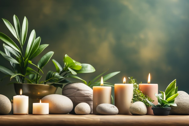 Spa relaxing still life with burning candles stones and plants on wooden table Nature healing