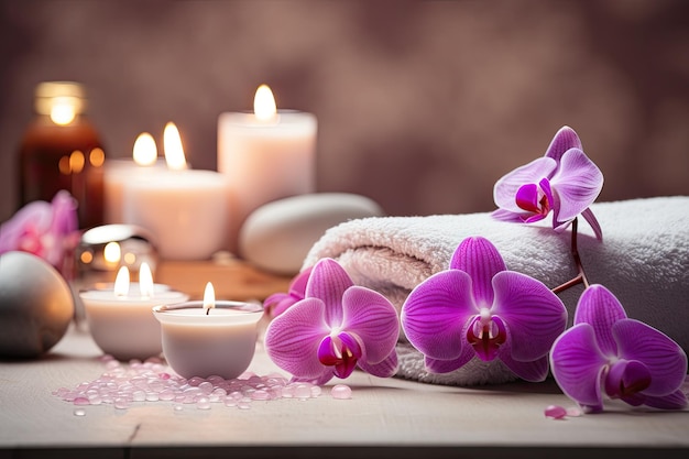 Spa resort therapy with bath bomb orchid flowers candles towel soap washcloths combs and abst