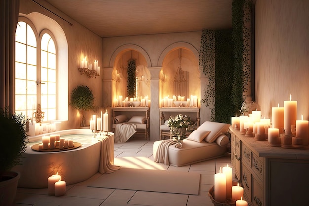 Spa room with furniture and soft lighting bathroom with candles created with generative ai