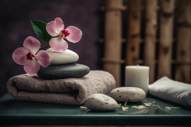 A spa room with a stack of stones and a candle