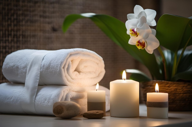 A spa room with a white towel and a candle with Frangipani on it