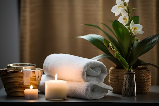 A spa room with a white towel and a candle with Frangipani on it