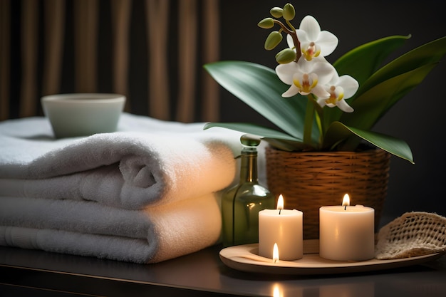 A spa room with a white towel and a candle with Frangipani on it