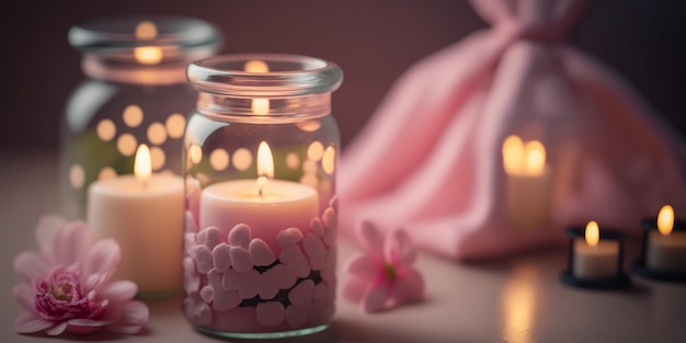спа-салон в розовом мягком освещении Свечи, розы, цветы, ароматерапия, расслабляющая медитация