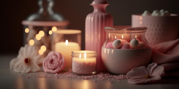 spa salon in pink soft lighting Candles,roses ,flowers, aromatherapy,relaxation meditation