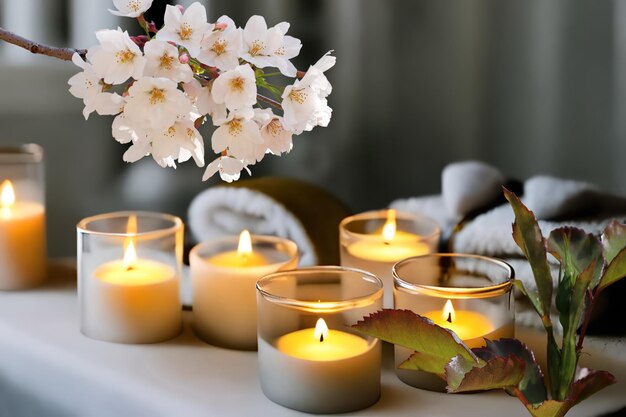 спа салон мягкие свечирозы, цветы розы, ароматерапия, мягкий свет свечи, белое полотенце