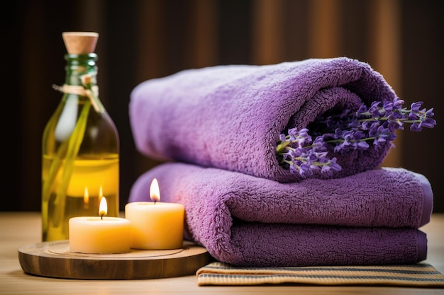 Spa salon table with lavender towels and massage oil