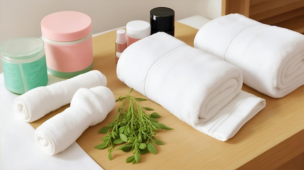 Spa-samenstelling met handdoeken, aromatisch oliegebladerte op een massagetafel in het wellnesscentrum