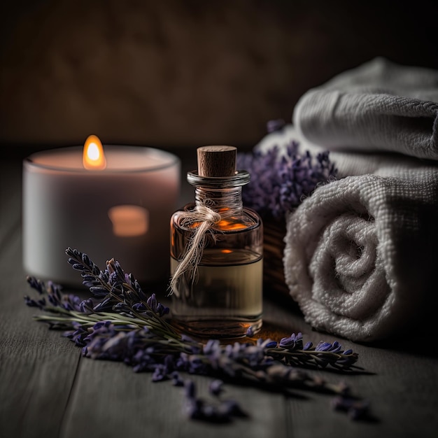 Spa scene captured in a stilllife composition with oil bottle fragrant candle lavender towels