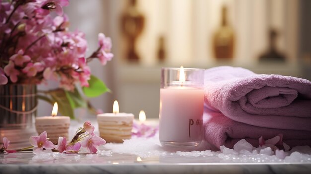 A spa scene with pink flowers candles and a towel on a wooden surface