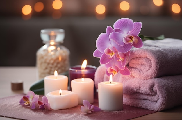 Foto una scena di spa con fiori di orchidee rosa e candele accese