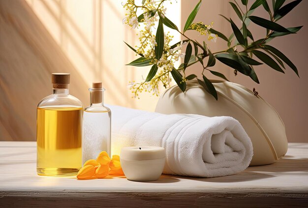 a spa scene with soap towels and an plant