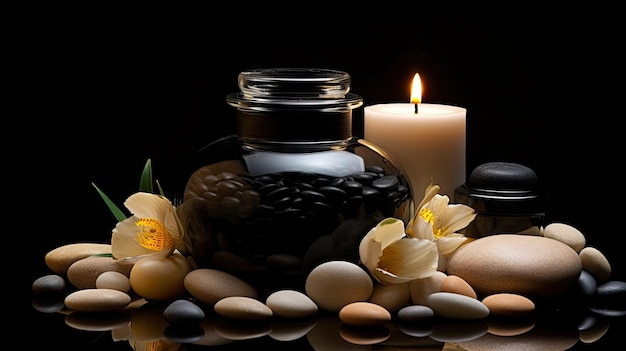 Фото spa serenity jar с кремовыми свечами и спа-камнями на черном фоне, создавая расслабляющую концепцию спа