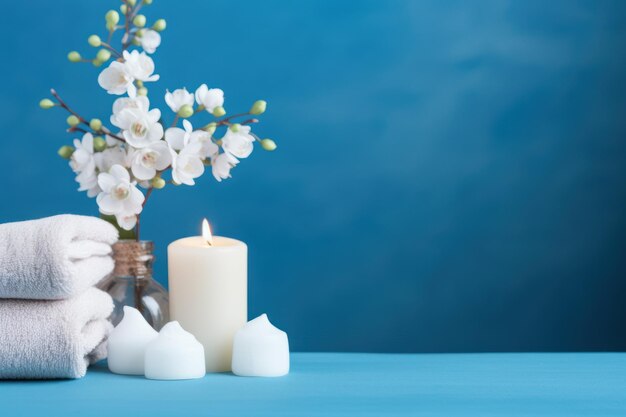 Photo spa service with flowering branch on blue backdrop