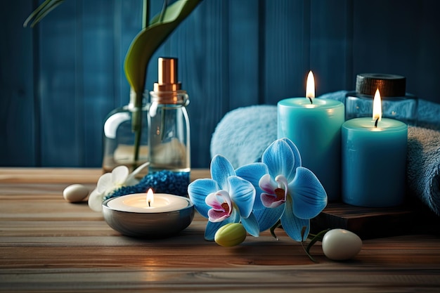 Spa services available on a table made of blue wood