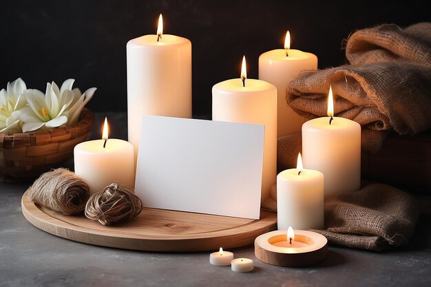 Spa set met kaarsen en blanco papieren kaart met copyspace
