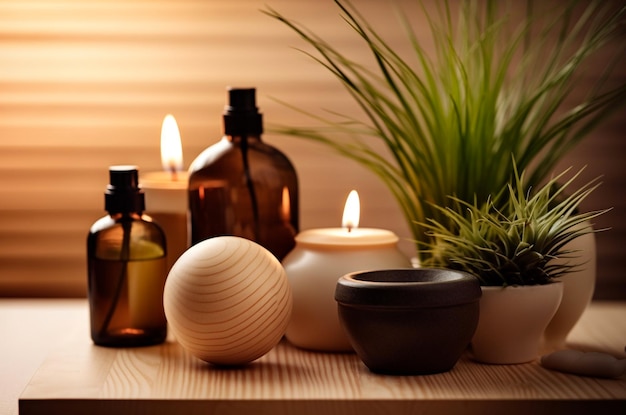 Spa set with essential oil bottles on wooden background Generative AI