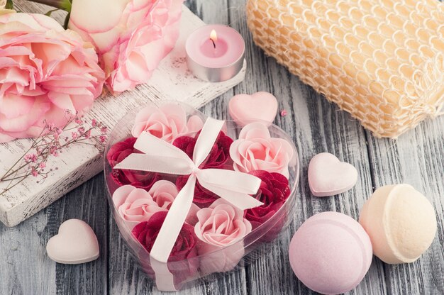 spa set with roses, bath soap