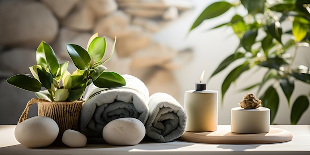 Photo spa setting accessories with gray towels zen smooth river stones massage oil aroma candles and green plants banner on stone background wellness composition concept