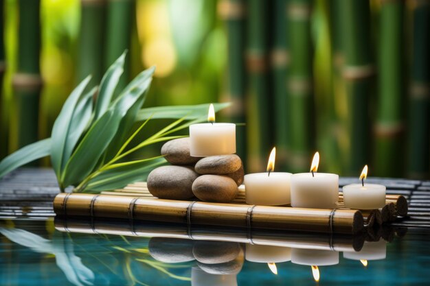 Photo spa setting near water pool on bamboo soft balm therapy flower aroma generate ai