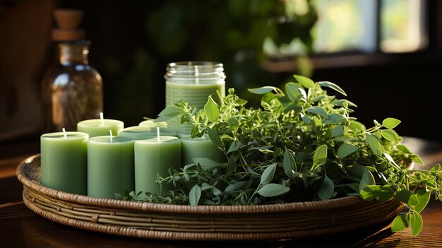 Photo spa setting with candles and green leaf on wooden background