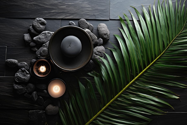 A spa setting with a dark backdrop highlighting the idea of hydration featuring lush palm leaves a