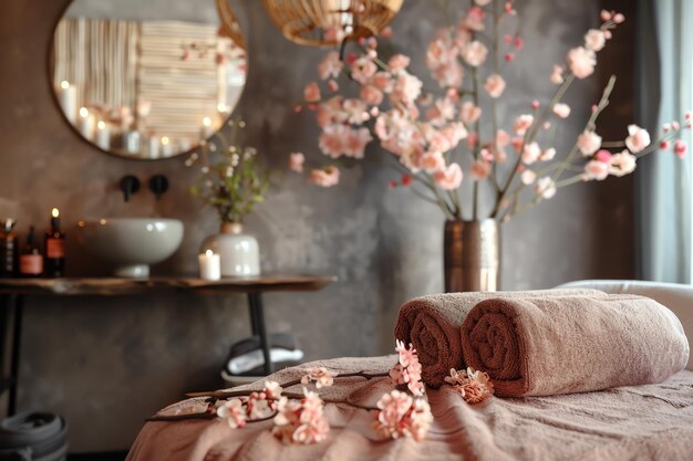 Photo spa setting with flowers orchid candle or towel on wooden table in massage room modern spa salon