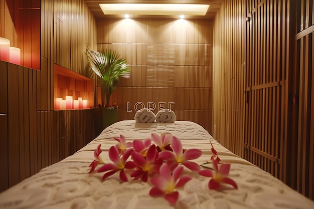 Foto impostazione spa con fiori, orchidee, candela o asciugamano su tavolo di legno nella sala massaggi moderna