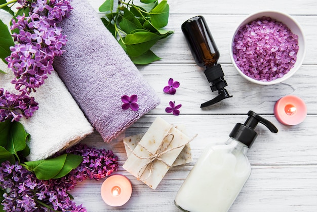 Spa setting with lilac flowers