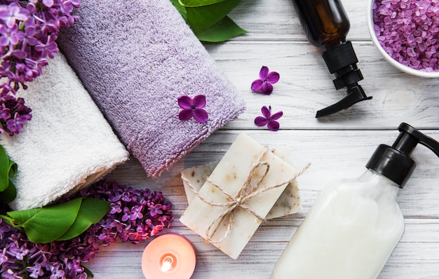 Spa setting with lilac flowers