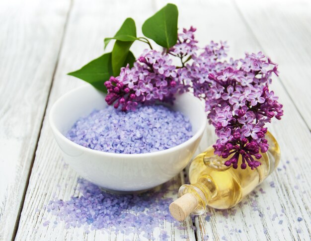 Spa setting with lilac flowers