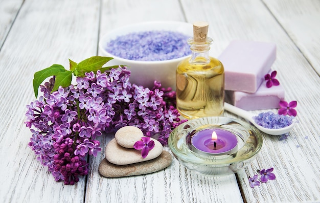 Spa setting with lilac flowers