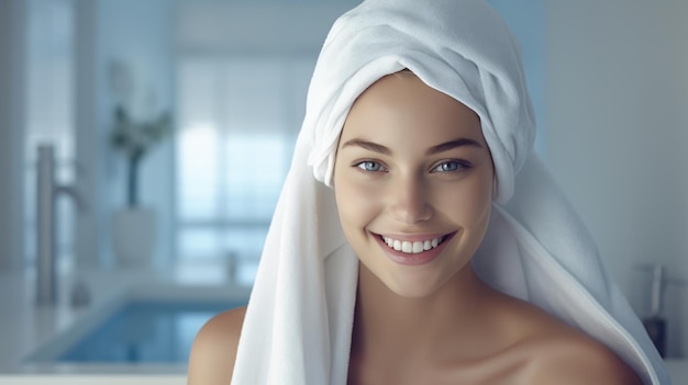 Spa skin care beauty woman wearing hair towel after beauty treatment Created with Generative AI technology
