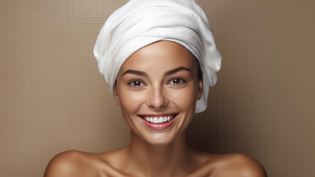 Photo spa skin care beauty woman wearing hair towel after beauty treatment created with generative ai technology