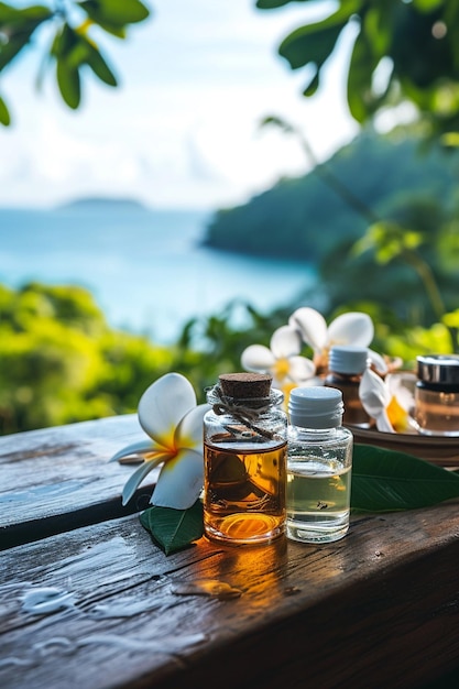 spa skin care product on wooden table with flower