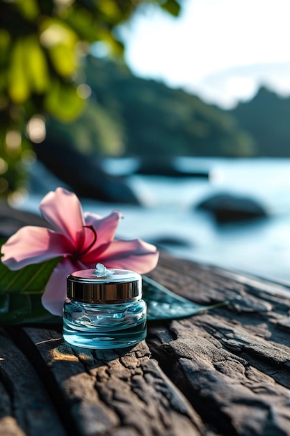 spa skin care product on wooden table with flower