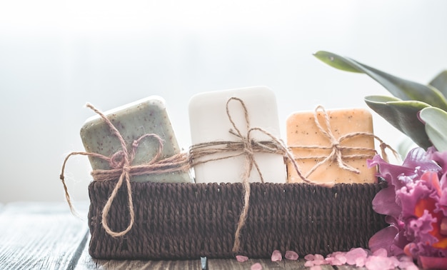 Photo spa soap composition with orchid