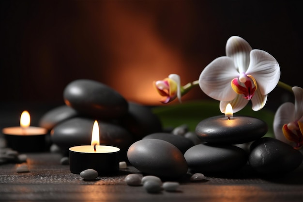 Foto spa stenen en kaarsen met bloemen op donkere achtergrond ai gegenereerde inhoud
