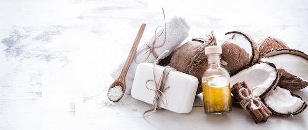 Spa still life of organic cosmetics with coconuts