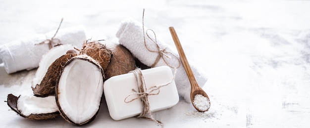 Spa still life of organic cosmetics with coconuts