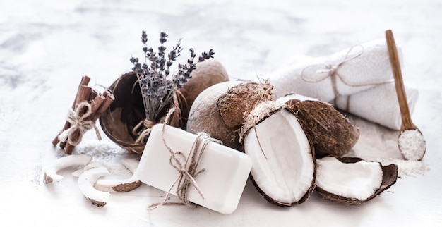 Spa still life of organic cosmetics with coconuts