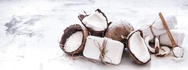 Spa still life of organic cosmetics with coconuts