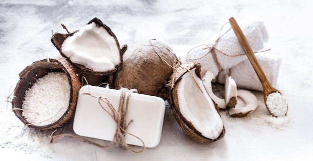 Spa still life of organic cosmetics with coconuts