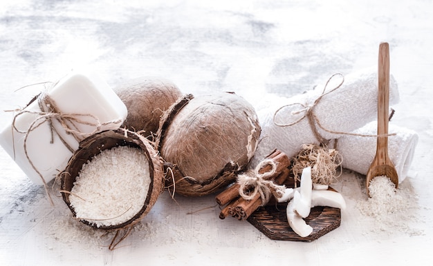 Spa still life of organic cosmetics with coconuts