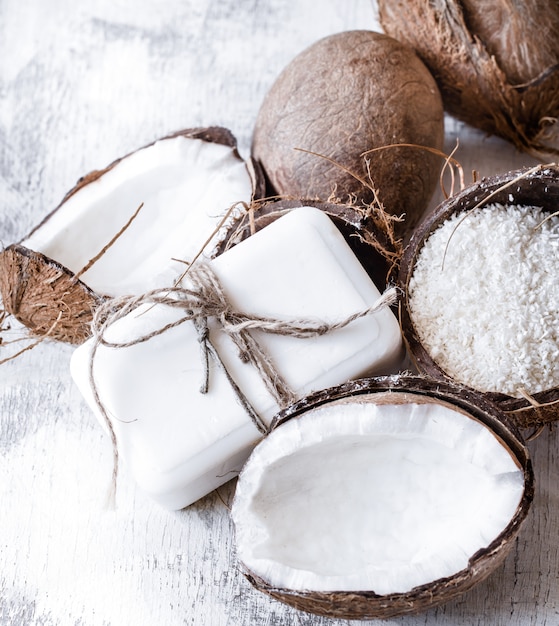 Spa still life of organic cosmetics with coconuts