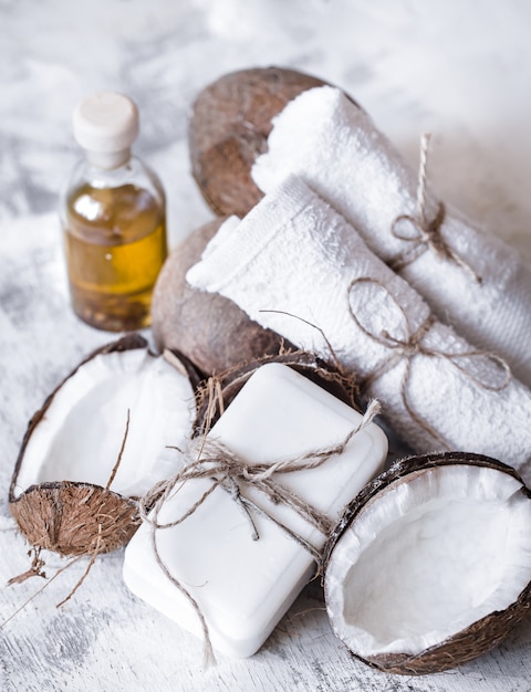 Spa still life of organic cosmetics with coconuts