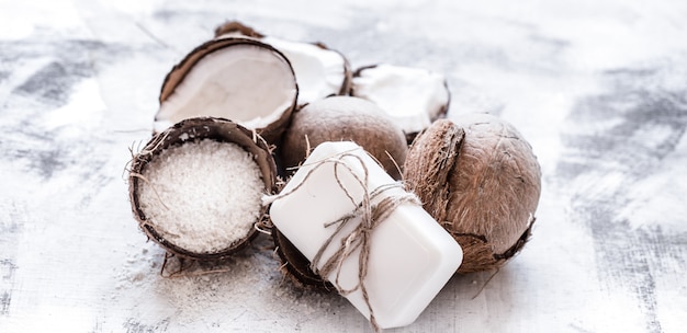 Spa still life of organic cosmetics with coconuts